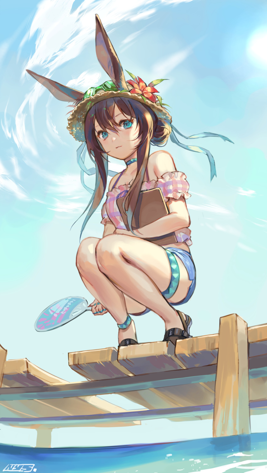 1girl absurdres alternate_color alternate_costume amiya_(arknights) animal_ears arknights bare_legs bare_shoulders blue_choker blue_eyes blue_nails blue_ribbon blue_shorts blue_sky breasts brown_footwear casual choker closed_mouth clouds cloudy_sky commentary day eyelashes fan flower full_body goggles goggles_on_headwear hair_between_eyes hair_bun halter_top halterneck hat hat_flower hat_ribbon highres jewelry light_smile long_hair looking_at_viewer medium_breasts midriff multiple_rings nail_polish nys outdoors paper_fan pier plaid rabbit_ears ribbon ring sandals short_shorts shorts sidelocks signature sky smile solo squatting straw_hat summer thighlet thighs uchiwa water
