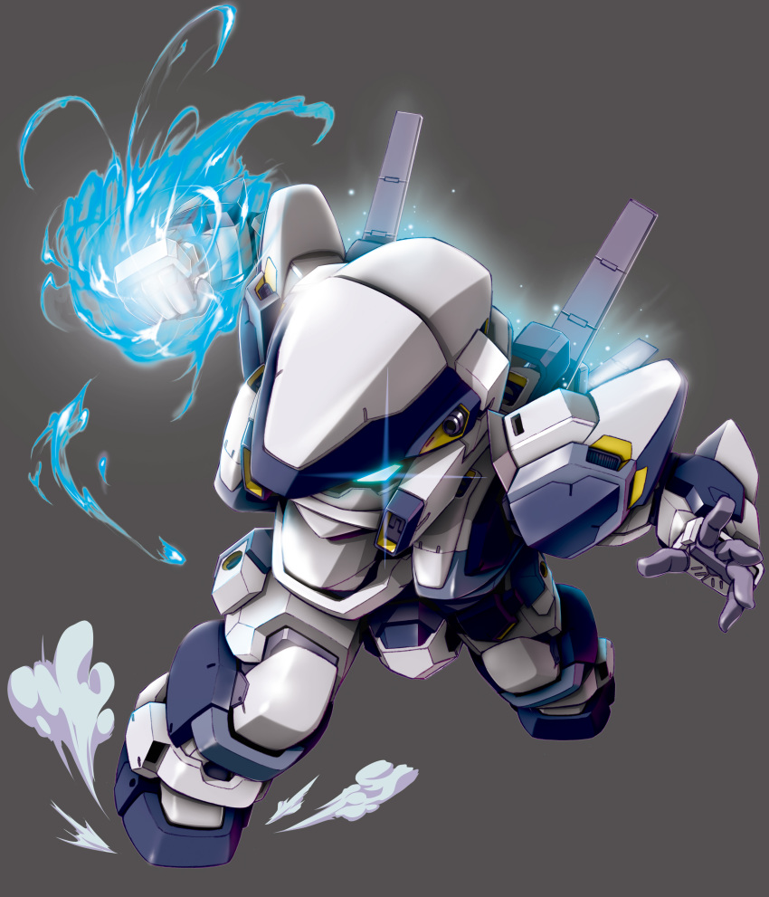 absurdres arbalest blue_eyes chibi dynamic_pose energy full_metal_panic! grey_background highres leaning_forward mecha no_humans open_hand punching robo_misucha solo
