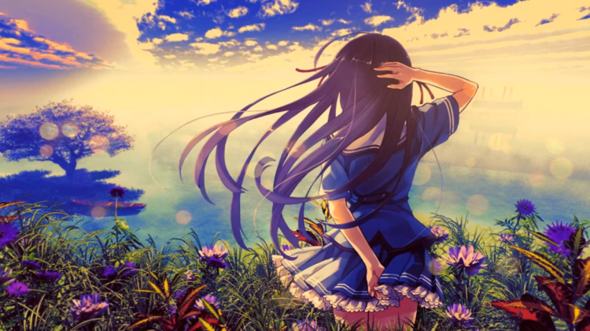 1girl artist_request back character_request clouds cloudy_sky copyright_request facing_away flower grass horizon long_hair non-web_source school_uniform sky solo source_request tree