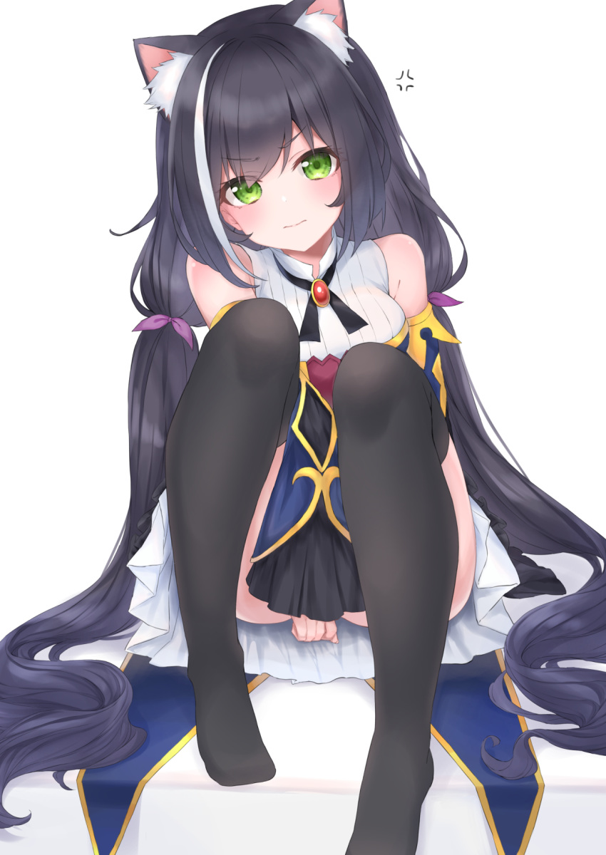 1girl 3: anger_vein animal_ear_fluff animal_ears bangs bare_shoulders black_hair black_legwear blush cat_ears cat_girl closed_mouth commentary_request covering covering_crotch detached_sleeves eyebrows_visible_through_hair frilled_sleeves frills green_eyes hair_ribbon hashiko_nowoto highres knees_up kyaru_(princess_connect) long_hair long_sleeves looking_at_viewer low_twintails multicolored multicolored_clothes multicolored_hair princess_connect! princess_connect!_re:dive purple_ribbon ribbon short_twintails simple_background sitting solo streaked_hair thigh-highs twintails very_long_hair white_background white_hair