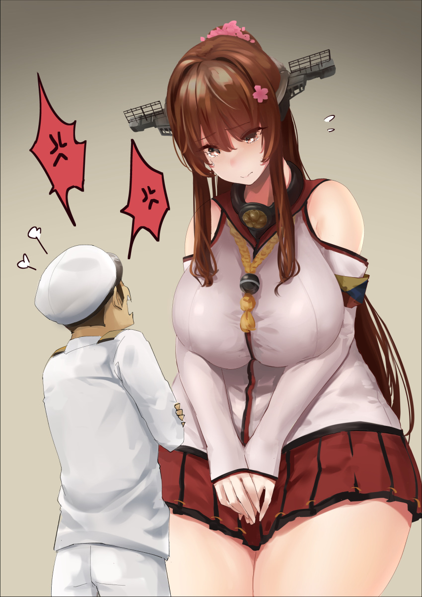 1boy 1girl absurdres breasts brown_hair cherry_blossoms curvy detached_sleeves flower giant giantess hair_flower hair_ornament headgear highres hip_vent huge_breasts kantai_collection long_hair plump ponytail size_difference thick_thighs thighs uru_(uru0000) yamato_(kantai_collection)