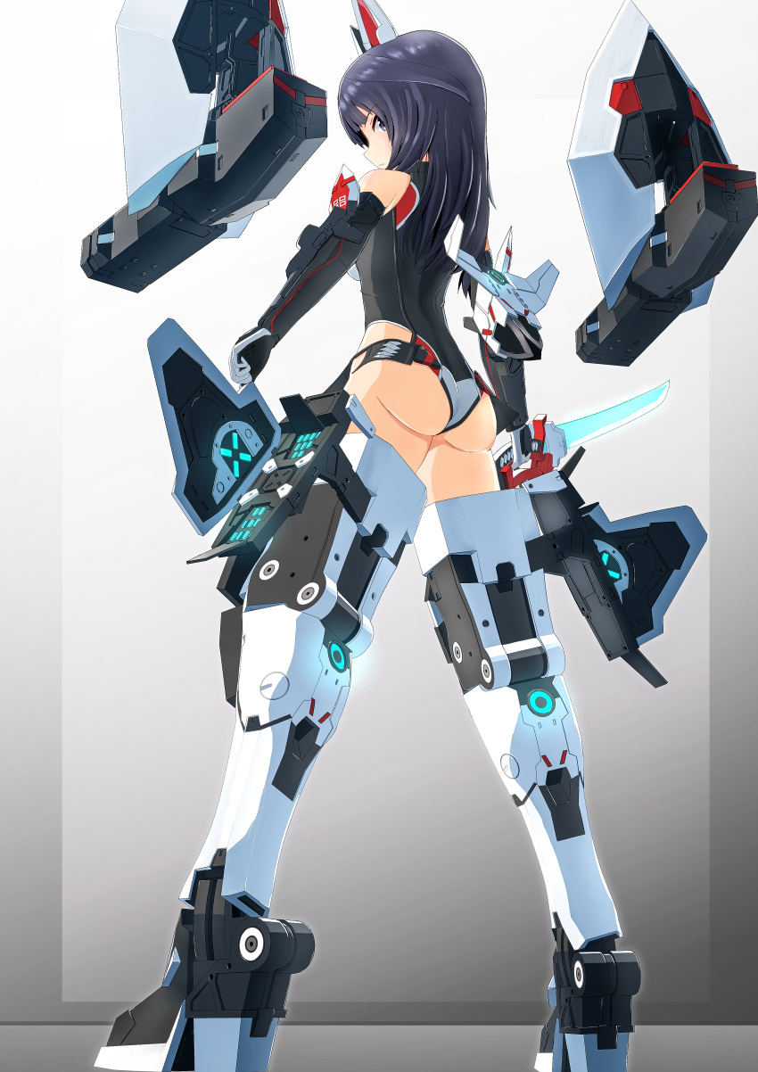 1girl absurdres agatsuma_kaede alice_gear_aegis artist_request ass bare_shoulders black_eyes black_gloves black_hair black_leotard commentary_request elbow_gloves from_behind gloves glowing headgear highres holding holding_sword holding_weapon leotard long_hair looking_at_viewer looking_back mecha_musume mechanical_ears mechanical_legs simple_background solo sword weapon
