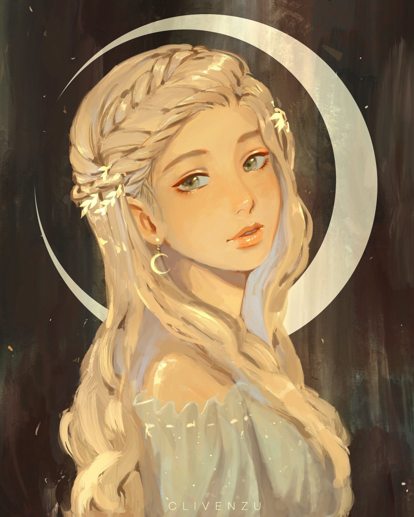 1girl blonde_hair braid clivenzu commentary crescent crescent_earrings crescent_moon dress earrings english_commentary french_braid from_side green_eyes head_tilt highres jewelry looking_at_viewer looking_to_the_side moon original parted_lips pink_lips solo upper_body white_dress