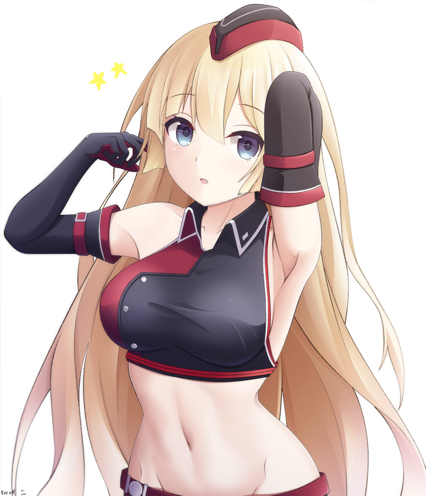 1girl armpits arms_up bare_shoulders black_gloves black_shirt blonde_hair blue_eyes breasts collared_shirt crop_top elbow_gloves f2000_(girls_frontline) girls_frontline gloves groin hat highres keenh large_breasts long_hair looking_at_viewer midriff navel parted_lips shirt simple_background sleeveless sleeveless_shirt solo star stomach taut_clothes taut_shirt upper_body white_background