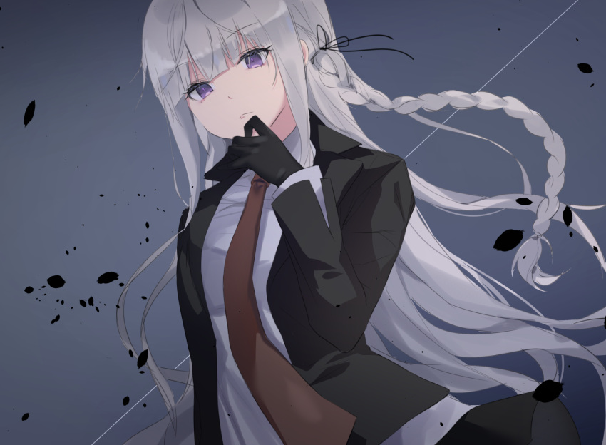 1girl black_gloves braid breasts commentary_request dangan_ronpa dangan_ronpa_1 eyebrows_visible_through_hair frown gloves hair_ornament hair_ribbon highres jacket kirigiri_kyouko leaf_print long_hair long_sleeves looking_at_viewer medium_breasts necktie purple_hair red_neckwear ribbon sarang_s2 shirt single_braid skirt solo violet_eyes white_shirt