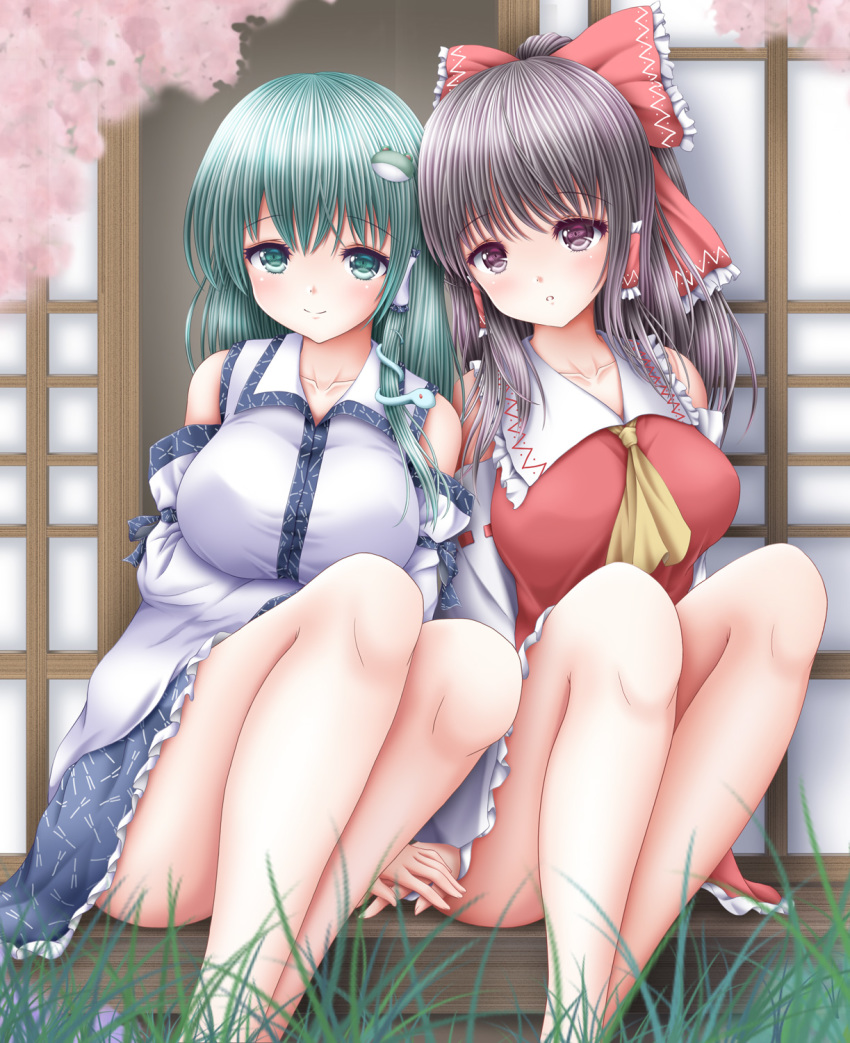 2girls :o akino_irori arm_under_breasts bangs black_eyes black_hair blue_skirt blurry_foreground breasts cherry_blossoms collarbone commentary_request convenient_leg cravat day detached_sleeves eyebrows_visible_through_hair feet_out_of_frame frog_hair_ornament grass green_eyes green_hair hair_between_eyes hair_ornament hair_ribbon hair_tubes hakurei_reimu hands_together head_to_head highres kochiya_sanae large_breasts leaning_on_person looking_at_viewer multiple_girls nontraditional_miko outdoors ponytail red_skirt red_vest ribbon shouji side-by-side sitting skirt sliding_doors smile snake_hair_ornament tareme touhou veranda vest white_vest yellow_neckwear yuri