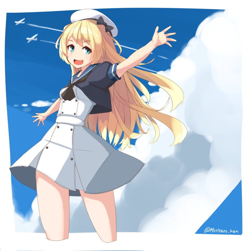 1girl blonde_hair blue_eyes blue_sailor_collar blue_sky clouds commentary_request condensation_trail cowboy_shot dress gloves hat highres jervis_(kantai_collection) kantai_collection long_hair looking_at_viewer mori_tarou open_mouth outstretched_arms round_teeth sailor_collar sailor_dress sailor_hat short_sleeves sky smile solo teeth upper_teeth white_dress white_gloves white_headwear