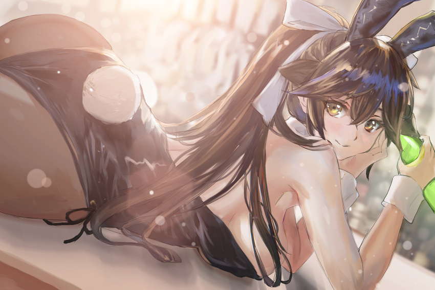 1girl alternate_costume animal_ears ass azur_lane bare_shoulders black_hair blush bottle bow breasts brown_eyes bunny_girl bunny_tail bunnysuit detached_collar eyebrows_visible_through_hair fake_animal_ears hair_bow hair_flaps hair_ornament highres holding holding_bottle large_breasts leotard long_hair looking_at_viewer lying nasu_(luliice) on_stomach pantyhose ponytail rabbit_ears ribbon smile solo tail takao_(azur_lane) very_long_hair white_bow wrist_cuffs