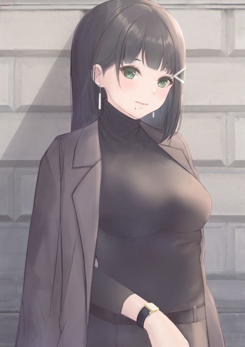 1girl absurdres alternate_costume arhah bangs black_hair black_jacket black_sweater blunt_bangs blush breasts casual closed_mouth earrings green_eyes hair_ornament hairclip highres jacket jacket_on_shoulders jewelry kurosawa_dia long_hair long_sleeves looking_at_viewer love_live! love_live!_sunshine!! medium_breasts mole mole_under_mouth single_sidelock smile solo stone_wall sweater upper_body wall watch watch