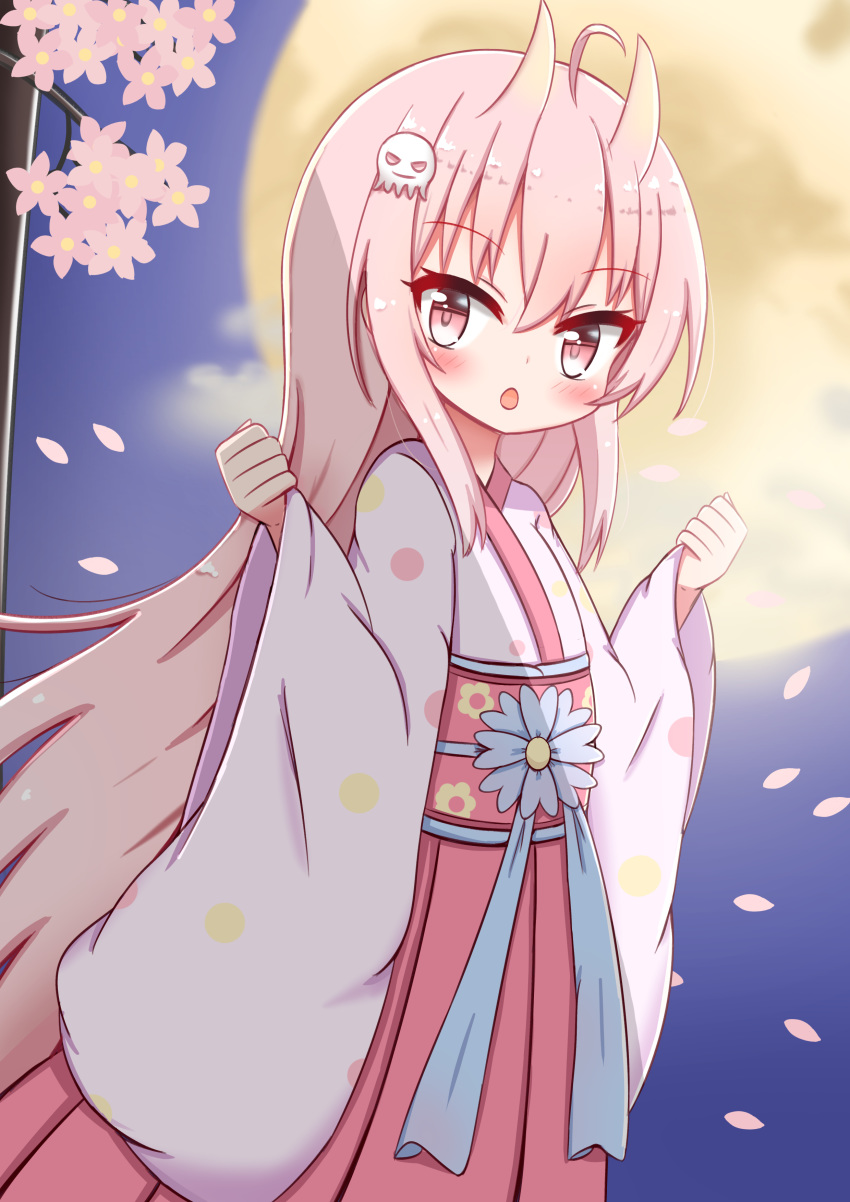 1girl :o absurdres ahoge bangs blue_flower blurry blurry_background blush clouds commentary_request depth_of_field eyebrows_visible_through_hair flower full_moon ghost_hair_ornament hair_between_eyes hair_ornament hakama highres horns japanese_clothes jiu_(sdesd3205) kimono long_hair long_sleeves looking_at_viewer moon night obi oni oni_horns open_mouth original outdoors petals pinching_sleeves pink_flower pink_hair red_eyes red_hakama sash sleeves_past_wrists solo standing tree_branch very_long_hair white_kimono wide_sleeves