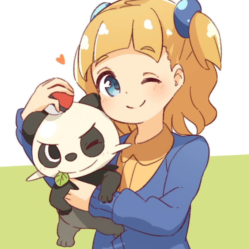 1girl blue_eyes blush commentary eyebrows_visible_through_hair gen_6_pokemon hair_tie heart highres holding holding_poke_ball holding_pokemon leaf looking_at_viewer manse mouth_hold one_eye_closed pancham poke_ball poke_ball_(generic) pokemon pokemon_(creature) pokemon_(game) pokemon_swsh school_girl_(pokemon) simple_background smile