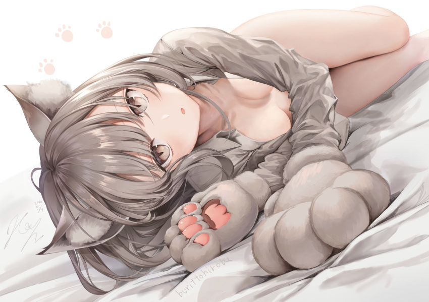 1girl animal_ears bed_sheet breasts brown_eyes cat_ears collared_shirt dutch_angle gloves grey_hair grey_shirt highres kouyafu long_hair looking_at_viewer lying medium_breasts naked_shirt on_side open_clothes open_shirt original parted_lips paw_gloves paws shirt slit_pupils solo thighs white_background