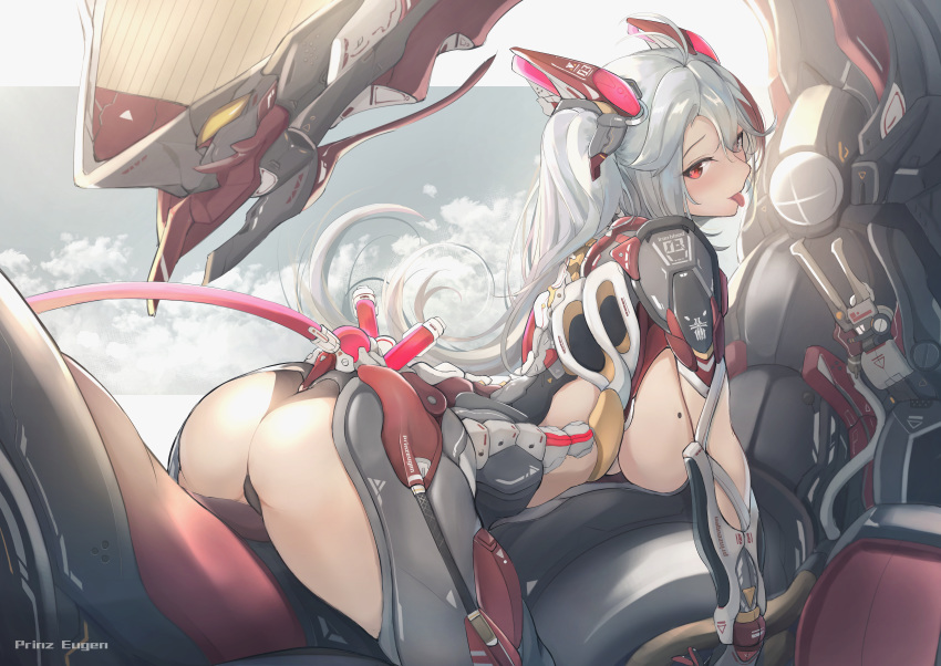 1girl :p absurdres alternate_costume antenna_hair arm_guards ass azur_lane bangs breasts character_name clouds fake_tail from_behind headgear highres huge_filesize large_breasts long_hair looking_at_viewer looking_back mecha mole mole_on_breast multicolored_hair number prinz_eugen_(azur_lane) red_eyes redhead revealing_clothes sideboob silver_hair solo streaked_hair tail tongue tongue_out two_side_up very_long_hair yusha_(m-gata)