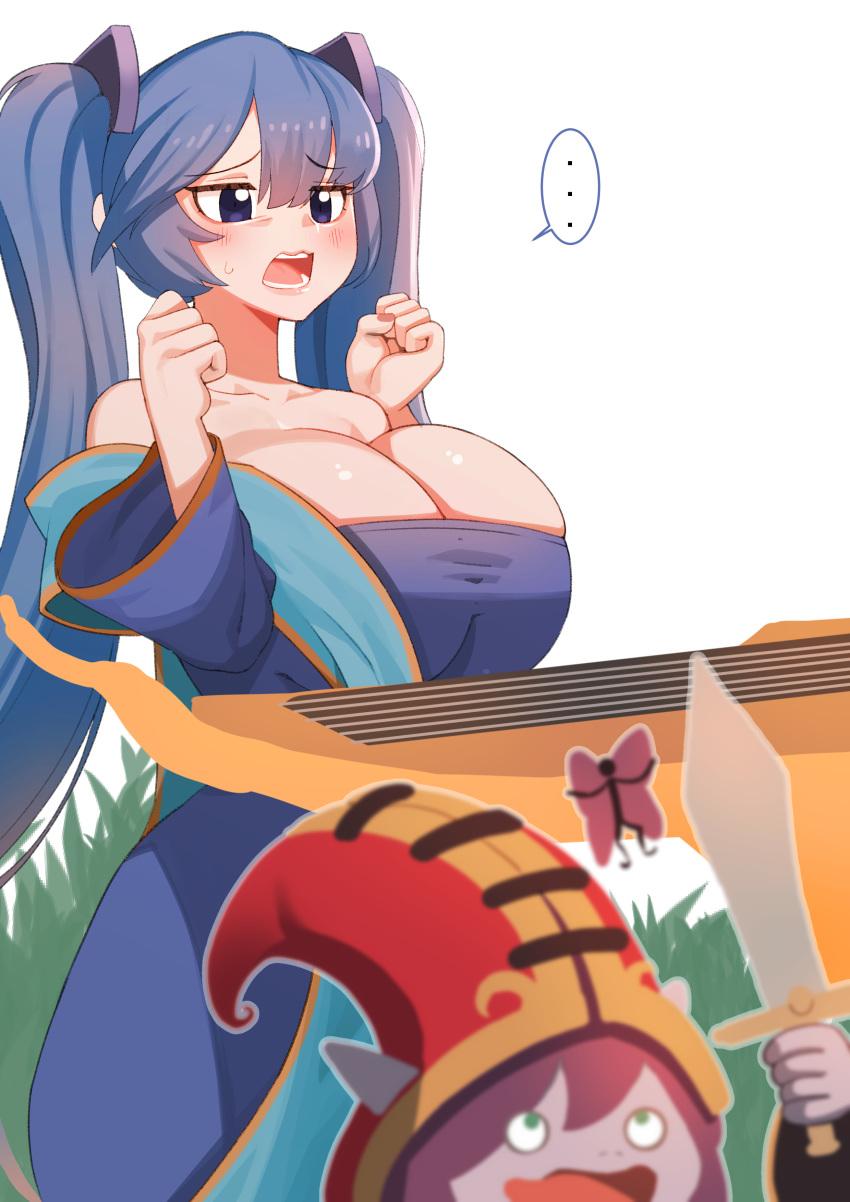 ... 0.8 absurdres arm_up bare_shoulders blue_eyes blue_hair blush breasts collarbone eyebrows_visible_through_hair fairy fairy_wings fingernails floating grass green_eyes hair_between_eyes hat highres holding holding_sword holding_weapon instrument large_breasts large_hat league_of_legends long_hair lulu_(league_of_legends) open_mouth pink_lips red_headwear simple_background sona_buvelle speech_bubble sword teeth tongue twintails weapon white_background wings