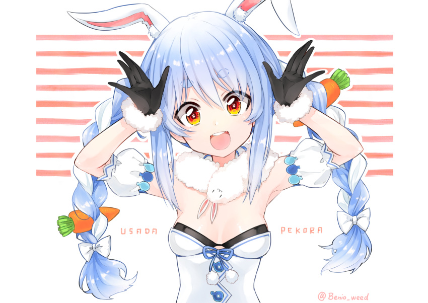 1girl :3 :d animal_ear_fluff animal_ears artist_name black_gloves blue_hair bow braid breasts carrot_hair_ornament character_name commentary_request detached_sleeves food_themed_hair_ornament gloves hair_bow hair_ornament head_tilt highres hololive kurenai_osumaru long_hair looking_back medium_breasts multicolored_hair open_mouth orange_eyes puffy_short_sleeves puffy_sleeves rabbit_ears short_sleeves smile solo thick_eyebrows twin_braids twitter_username two-tone_hair upper_body usada_pekora virtual_youtuber white_background white_bow white_hair |_|