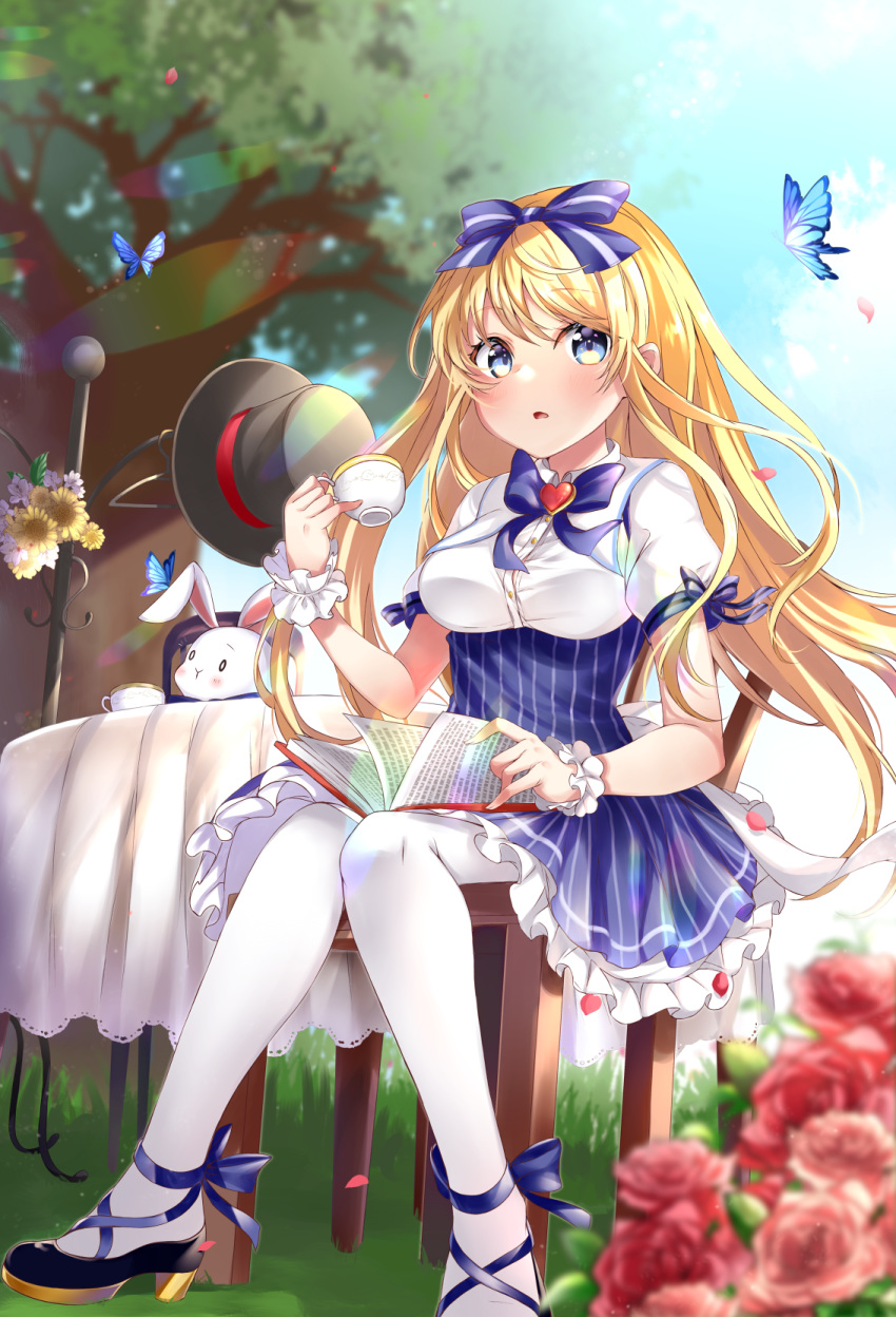 1girl bangs blonde_hair blue_bow blue_eyes blue_skirt blurry blurry_background blurry_foreground blush book bow bowtie breasts bug butterfly chair clouds cloudy_sky commentary_request cup emu_alice eyebrows_visible_through_hair flower frilled_skirt frills hair_between_eyes hair_bow hat high-waist_skirt highres holding holding_cup insect long_hair looking_at_viewer mashiro_aa medium_breasts open_book open_mouth pantyhose rabbit rose scrunchie shirt short_sleeves sidelocks sitting skirt sky swept_bangs table teacup top_hat tree white_legwear white_shirt