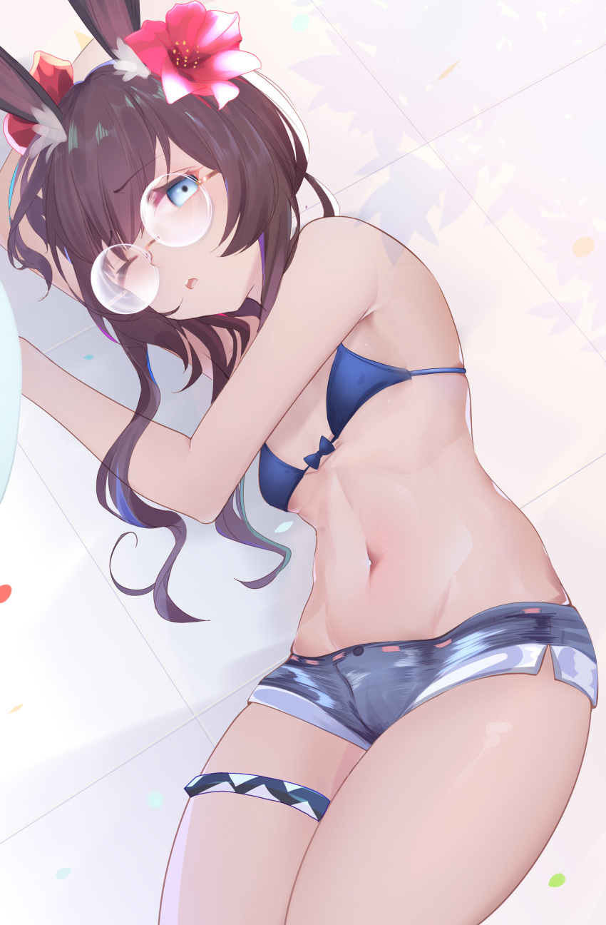 1girl absurdres amiya_(arknights) animal_ear_fluff animal_ears arknights bangs bare_arms bare_shoulders bespectacled bikini blue_bikini blue_eyes breasts brown_hair commentary_request cowboy_shot etoile eyebrows_visible_through_hair flower glasses hair_flower hair_ornament hibiscus highres long_hair looking_at_viewer navel one_eye_closed parted_lips rabbit_ears red_flower round_eyewear short_shorts shorts small_breasts solo stomach swimsuit thighlet thighs