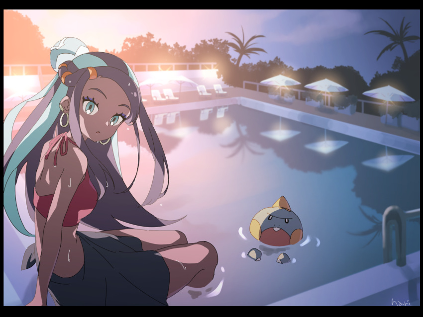 1girl artist_name blue_eyes blue_hair earrings gen_8_pokemon hair_bun hari611 highres hoop_earrings jewelry long_hair looking_at_viewer multicolored_hair outdoors pokemon pokemon_(creature) pokemon_(game) pokemon_swsh pool red_tank_top rurina_(pokemon) sunset swimsuit tank_top tankini two-tone_hair water wet