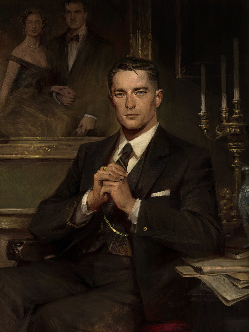 1boy batman_(series) bettydesujiang black_hair black_neckwear blue_eyes bruce_wayne candelabra candle chair closed_mouth formal hands_together highres indoors jewelry male_focus necktie painterly paper portrait_(object) ring sitting solo suit vase