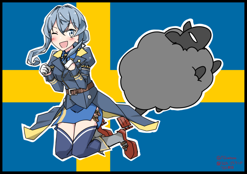 172cm 1girl animal bangs belt black_border blue_eyes blue_hair blue_legwear blue_skirt blush border breasts brown_belt coat eyebrows_visible_through_hair flag flag_background gloves gotland_(kantai_collection) hair_between_eyes half_gloves kantai_collection long_sleeves medium_breasts mole mole_under_eye one_eye_closed open_mouth outline remodel_(kantai_collection) sheep sidelocks skirt swedish_flag thigh-highs twitter_username white_gloves white_outline