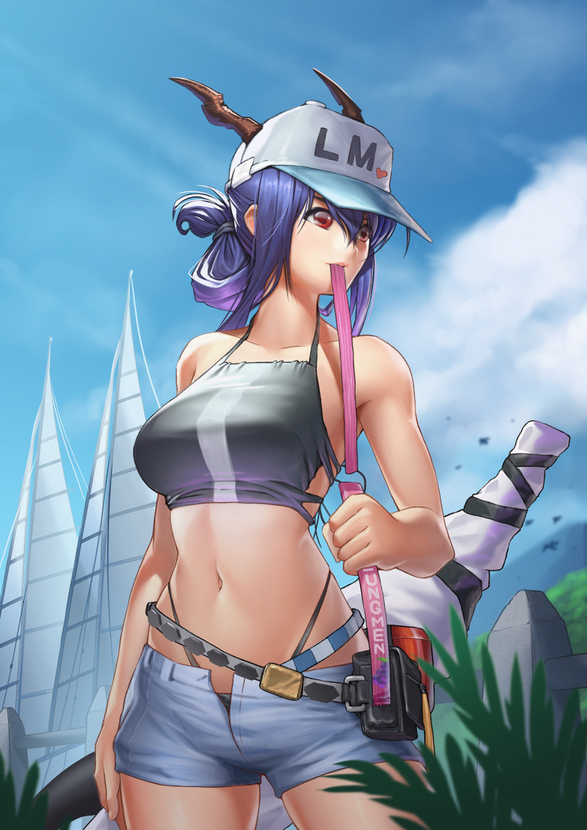 1girl arknights bangs bare_arms bare_shoulders baseball_cap bikini blue_hair blue_sky breasts ch'en_(arknights) clouds commentary cowboy_shot day dragon_horns folded_ponytail grey_bikini grey_shorts hair_between_eyes hat heart highleg highleg_bikini highres horns klon large_breasts long_hair mouth_hold navel open_fly pouch red_eyes short_shorts shorts sky solo standing stomach swimsuit