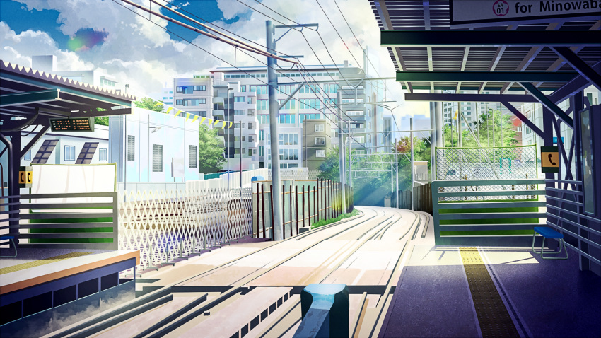 bench building city clouds fence highres lamppost lens_flare naohiro no_humans original power_lines railroad_tracks scenery shade sign sky train_station tree