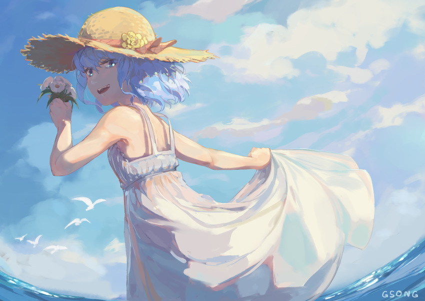 1girl :d artist_name bird blue_eyes blue_hair clouds commentary day dress flower from_behind gsong-chan hat highres holding holding_flower hololive hoshimachi_suisei looking_at_viewer looking_back open_mouth outdoors short_hair skirt_hold sky smile solo straw_hat sundress virtual_youtuber water