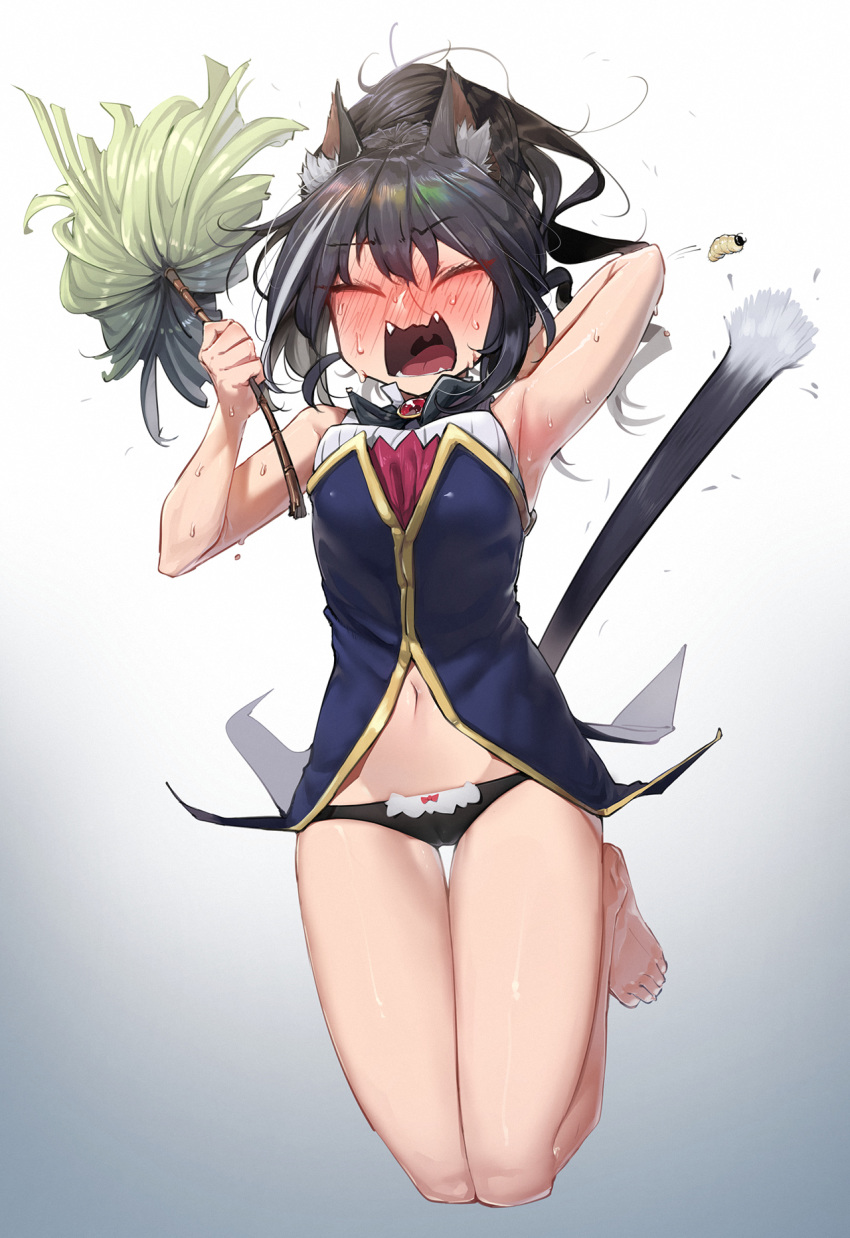 1girl animal_ears arm_up armpits bare_legs bare_shoulders barefoot black_hair black_panties blush breasts cat_ears cat_girl cat_tail closed_eyes d: eyebrows_visible_through_hair fangs feather_duster feet full-face_blush full_body full_moon gradient gradient_background grey_background grey_hair highres holding kyaru_(princess_connect) long_hair maggot medium_breasts moon motion_lines multicolored_hair navel open_mouth panties ponytail princess_connect! sd_bigpie sleeveless solo stomach streaked_hair sweat tail thigh_gap underwear uvula v-shaped_eyebrows