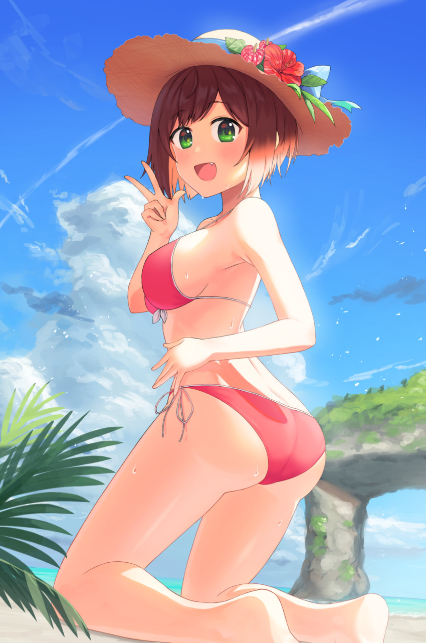 1girl ass bikini blue_sky brown_hair clouds commentary_request condensation_trail day fang feet_out_of_frame green_eyes hat highres idolmaster idolmaster_cinderella_girls kneeling kurageso looking_at_viewer maekawa_miku outdoors pink_bikini short_hair side-tie_bikini sky solo straw_hat sun_hat swimsuit