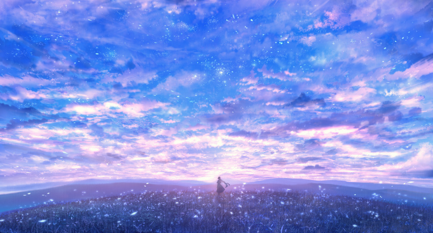 1girl ahoge backlighting capelet clouds cloudy_sky colorful dark dress fantasy field grass highres horizon landscape leaf light_particles long_hair looking_afar low-tied_long_hair original outdoors sakimori_(hououbds) scenery silhouette sky solo sunlight twilight wind