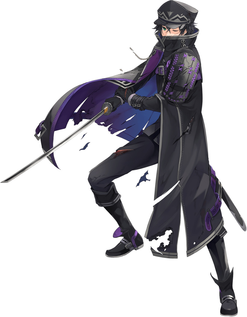 1boy armor black_gloves black_hair black_pants blood boots cape covered_mouth full_body gloves green_eyes highres injury japanese_armor katana kurosawa_tetsu male_focus official_art one_eye_closed pants shoulder_armor sode suishinshi_masahide sword torn_cape torn_clothes torn_pants touken_ranbu transparent_background weapon