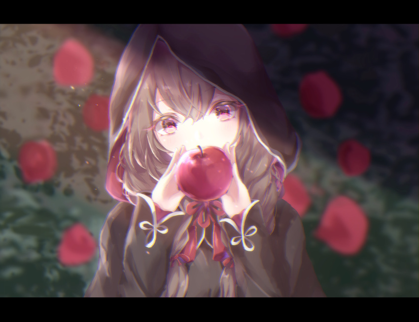 1girl apple black_capelet blurry braid breasts brown_hair capelet depth_of_field food fruit highres hood hood_up hooded_capelet kantai_collection large_breasts letterboxed long_hair looking_at_viewer red_eyes sa-ya2 shinshuu_maru_(kantai_collection) solo twin_braids upper_body