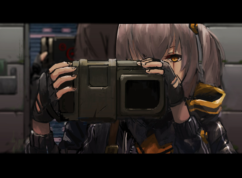 1girl bangs black_gloves brown_hair camera fingerless_gloves girls_frontline gloves highres holding hood hooded_jacket jacket looking_at_viewer mirror one_eye_covered rainbow_six_siege scar scar_across_eye side_ponytail solo ump45_(girls_frontline) wall xufei_(qrbqrb) yellow_eyes
