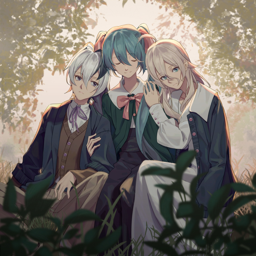 3girls blue_dress blue_eyes blue_jacket blurry blurry_background blurry_foreground capelet cardigan closed_eyes depth_of_field dress flower_(vocaloid) girl_sandwich green_capelet half-closed_eyes hands_on_another's_shoulders hatsune_miku highres holding_another's_arm ia_(vocaloid) jacket leaf leaning_on_person leaning_to_the_side light_smile long_hair looking_at_viewer multiple_girls neck_ribbon pants platinum_blonde_hair purple_hair ribbon sandwiched short_hair side-by-side sitting tree twintails v_flower_(vocaloid4) violet_eyes vocaloid white_dress white_hair wounds404
