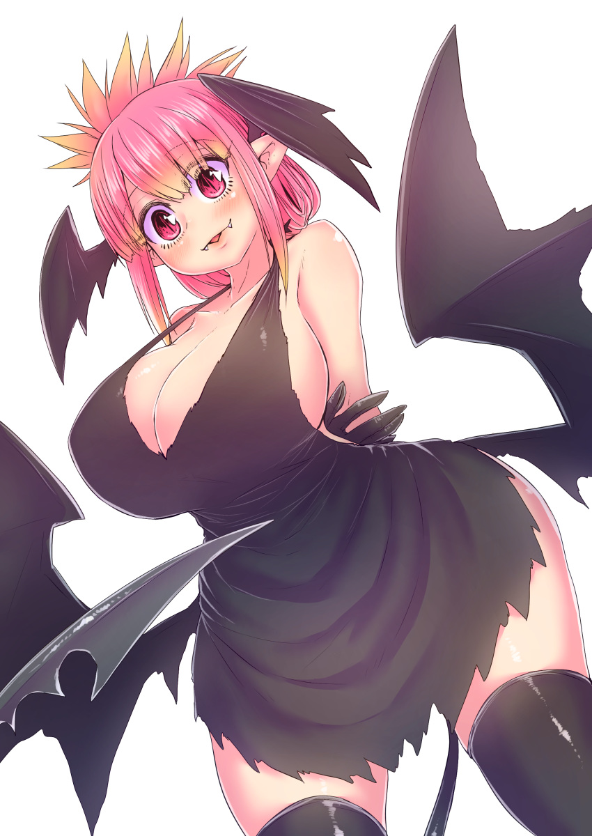 1girl :3 absurdres apron black_apron black_gloves blonde_hair breasts commentary_request demon_girl demon_wings fangs gloves highres juugoya_(zyugoya) kyuuketsu_sakura-chan large_breasts multicolored_hair pink_eyes pink_hair sakura_(kyuuketsu_sakura-chan) simple_background tied_hair white_background wings