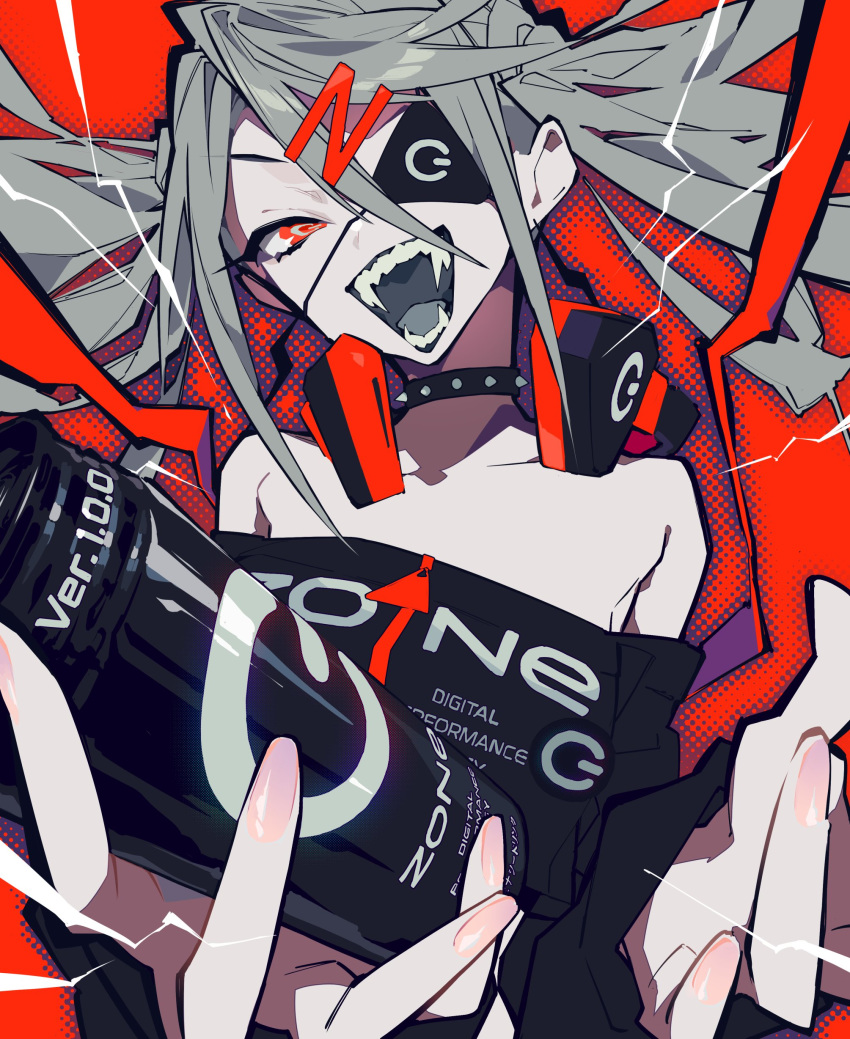 1girl absurdres bare_shoulders black_collar black_eyepatch can collar collarbone eyebrows_visible_through_hair eyepatch fangs fingernails grey_hair hair_ornament headphones headphones_around_neck highres holding holding_can long_fingernails long_hair mochizuki_kei open_mouth original pink_nails power_symbol red_eyes solo spiked_collar spikes teeth tongue twintails upper_body zipper zipper_pull_tab