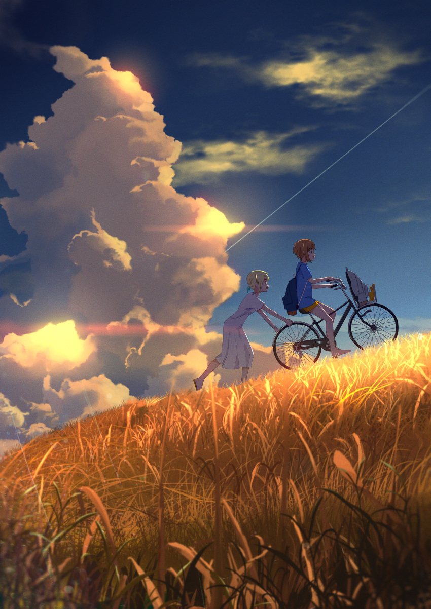 2girls absurdres bicycle field ground_vehicle highres multiple_girls original scenery sky sunset yuki_no_city