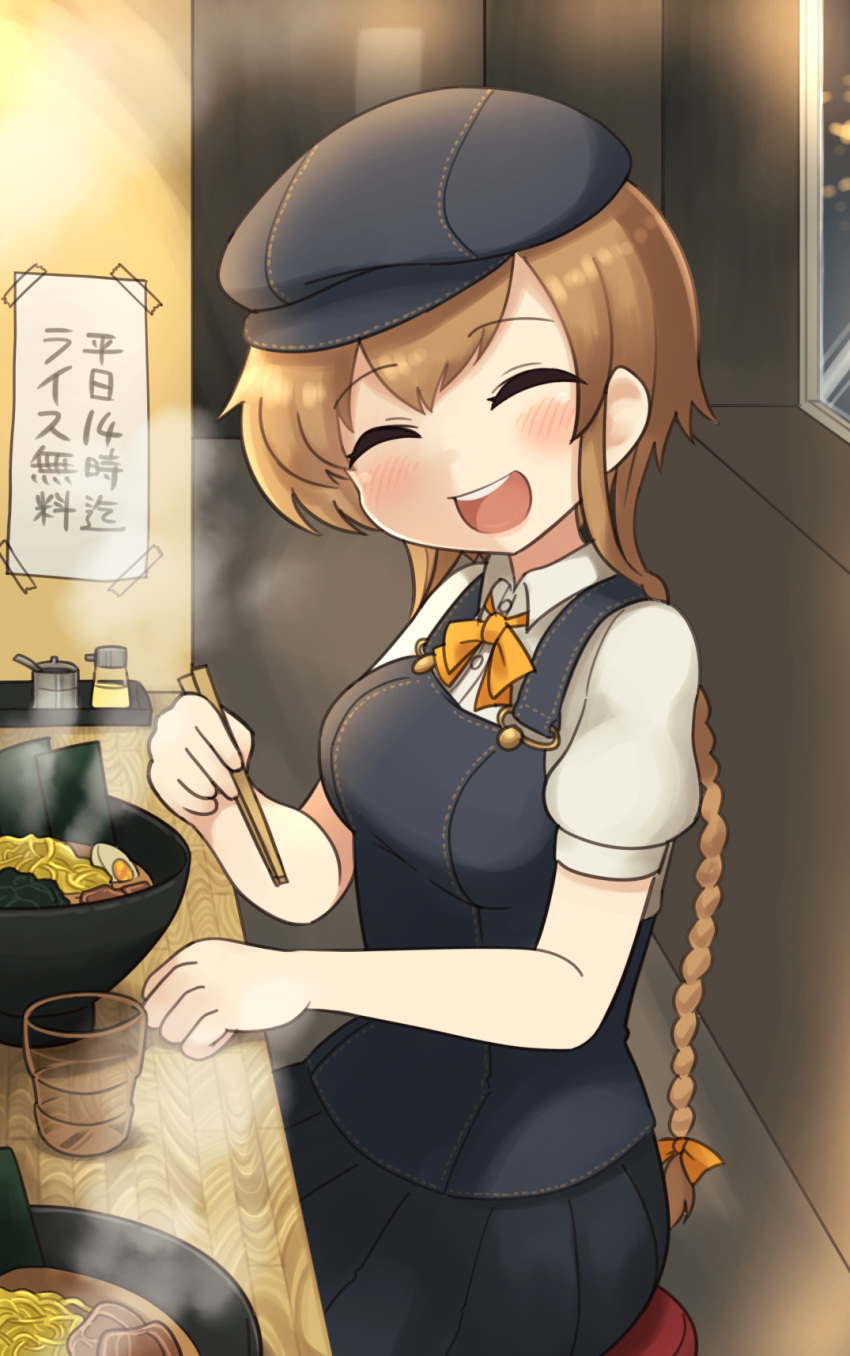 alternate_costume beret braid breasts chopsticks closed_eyes food glass hat highres indoors kantai_collection light_brown_hair long_hair medium_breasts noodles ramen restaurant short_sleeves simoyuki smile teruzuki_(kantai_collection) twin_braids window