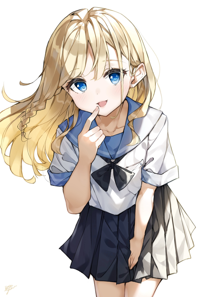 1girl absurdres black_skirt blonde_hair blue_sailor_collar braid commentary_request finger_to_mouth hayasaka_ai highres kaguya-sama_wa_kokurasetai_~tensai-tachi_no_renai_zunousen~ leaning_forward long_hair looking_at_viewer open_mouth pleated_skirt sailor_collar school_uniform serafuku shirt simple_background single_braid skirt solo takenoko_no_you white_background white_shirt