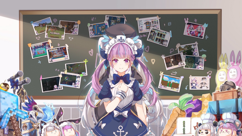 2girls back-to-back chalkboard character_doll drill_hair gift hat highres hololive kagura_mea kagura_mea_channel long_hair microphone military_hat minato_aqua minecraft multiple_girls photo_(object) purple_hair ribbon silver_hair twin_drills violet_eyes virtual_youtuber xuu_shi_times