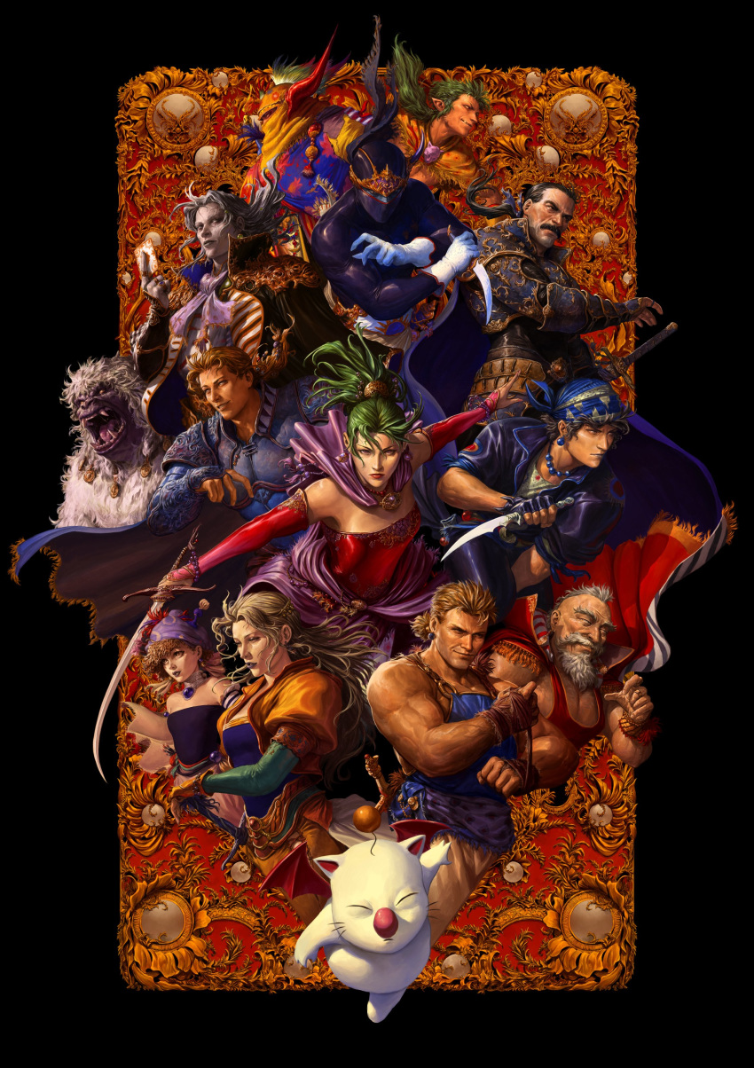 3girls 6+boys absurdres armor bandana beard black_hair blonde_hair cayenne_garamonde celes_chere dagger dave_rapoza edgar_roni_figaro everyone facial_hair fangs final_fantasy final_fantasy_vi gau gloves gogo green_hair grey_hair highres horns lock_cole mash_rene_figaro mask mog multiple_boys multiple_girls muscle mustache parted_lips ponytail relm_arrowny serious setzer_gabbiani shadow_(ff6) silver_hair smile stragus_magus sword tina_branford turban umaro weapon whiskers wings