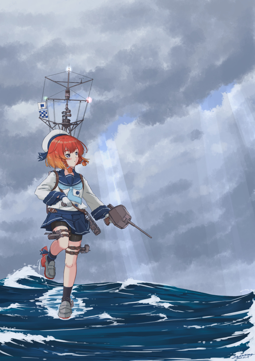 1girl absurdres bike_shorts black_legwear blonde_hair blue_eyes blue_neckwear blue_skirt bob_cut braid clouds cloudy_sky commentary_request etorofu_(kantai_collection) full_body gloves gradient_hair grey_footwear highres kantai_collection light_rays loafers long_sleeves multicolored_hair neckerchief ocean pleated_skirt redhead sagoromo_04 school_uniform serafuku shoes shorts shorts_under_skirt side_braid skirt sky socks solo sunbeam sunlight thick_eyebrows twin_braids walking walking_on_liquid waves white_gloves