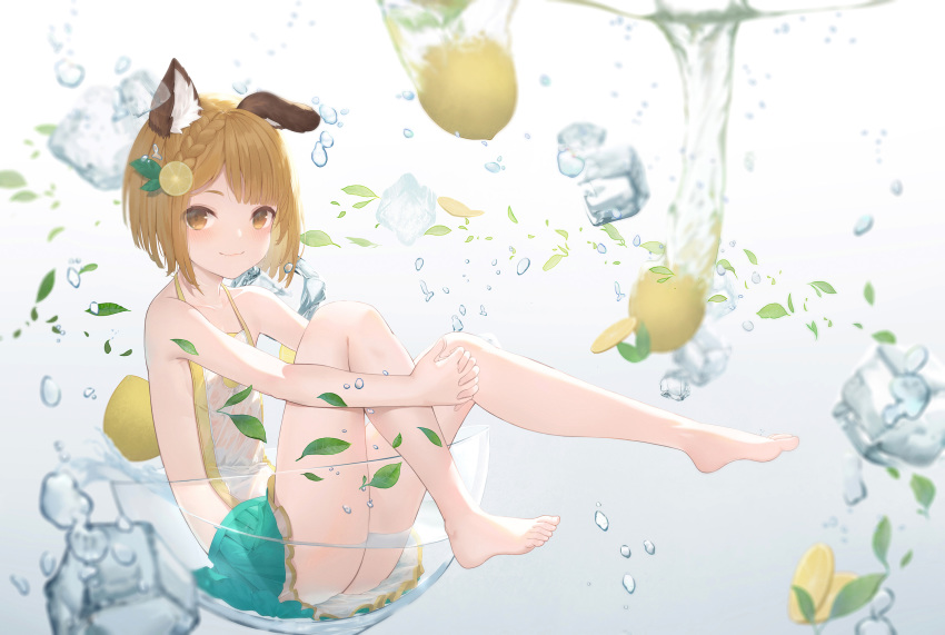 animal_ears bare_legs bare_shoulders barefoot blonde_hair blush brown_eyes cg_(2686805355) dog_ears feet food fruit granblue_fantasy highres ice ice_cube lemon looking_at_viewer short_hair smile teeth underwater vajra_(granblue_fantasy) water