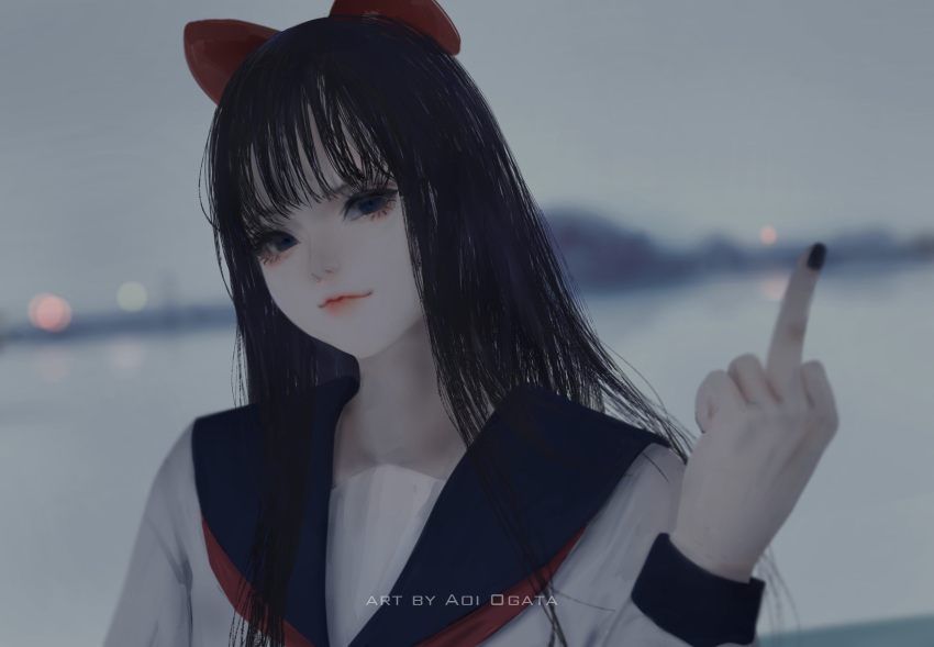1girl aoi_ogata artist_name bangs black_hair blue_eyes blue_sailor_collar blurry blurry_background bow closed_mouth commentary depth_of_field english_commentary hair_bow hand_up highres long_hair long_sleeves looking_at_viewer middle_finger pipimi poptepipic red_bow red_lips sailor_collar school_uniform serafuku shirt smile solo upper_body white_shirt