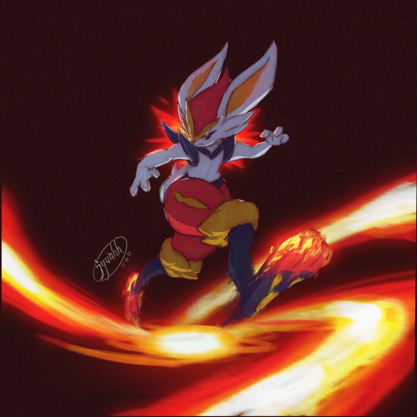 bunny_focus cinderace commentary_request creature fire full_body gen_8_pokemon highres jyunhh no_humans pokemon pokemon_(creature) rabbit signature simple_background solo