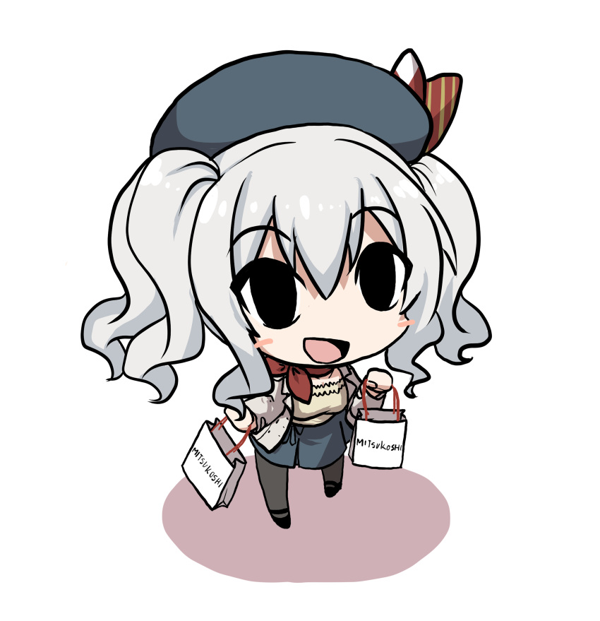 1girl :d absurdres bag beret black_eyes black_headwear black_legwear blue_skirt chibi eyebrows_visible_through_hair goma_(gomasamune) hair_between_eyes hat highres jacket kantai_collection kashima_(kantai_collection) kerchief long_hair long_sleeves mitsukoshi_(department_store) open_mouth pantyhose pleated_skirt red_neckwear shopping_bag silver_hair skirt smile solo standing two_side_up white_jacket