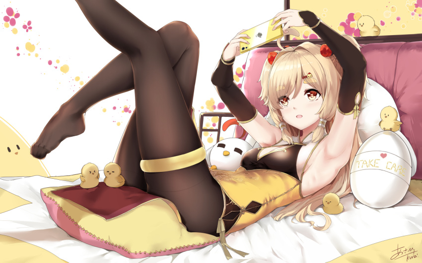 1girl :o armpits arms_up bare_shoulders bed bird blonde_hair breasts brown_legwear chick china_dress chinese_clothes detached_sleeves dress egg feet highres holding k.syo.e+ legs_up long_hair long_sleeves looking_up no_shoes on_bed open_mouth orange_eyes original pantyhose pelvic_curtain phone pillow signature small_breasts solo stuffed_animal stuffed_toy thigh_strap yellow_dress
