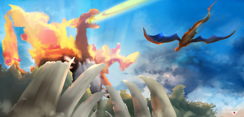 absurdres blue_sky breathing_fire charizard clouds cloudy_sky commentary_request creature dragon fiery_tail fire flame flying gen_1_pokemon gigantamax gigantamax_and_normal gigantamax_charizard highres huge_filesize no_humans outdoors pokemon pokemon_(creature) sky tail yukiguni_kitsune