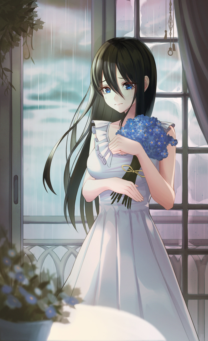 1girl absurdres bangs black_hair blue_eyes blue_flower blurry_foreground bouquet closed_mouth collarbone dress eyebrows_visible_through_hair flower hair_between_eyes highres holding holding_bouquet huge_filesize indoors junkt729 long_dress long_hair looking_at_viewer original rain ribbon sleeveless sleeveless_dress solo standing straight_hair very_long_hair white_dress yellow_ribbon