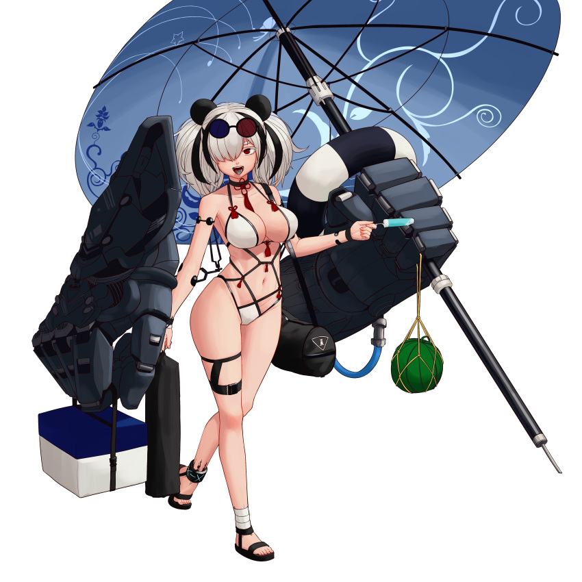 1girl :p absurdres animal_ears ankle_cuffs arknights bangs between_breasts bikini black_choker black_hair breasts choker eyewear_on_head feater_(arknights) food fruit full_body hair_over_one_eye highres innertube large_breasts looking_at_viewer mechanical_arms multi-strapped_bikini multicolored_hair navel open_mouth panda_ears popsicle red_eyes sandals scarlettear33 silver_hair skindentation solo standing streaked_hair sunglasses swimsuit thigh_strap tongue tongue_out twintails umbrella walking watermelon white_bikini